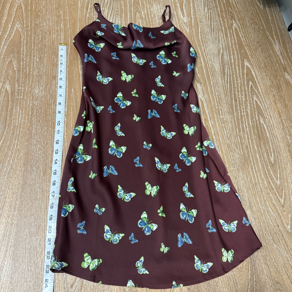 Urban Outfitters Mallory Butterfly Satin Cowl Neck Dress Size S Fairy Brown Y2K - Picture 4 of 10